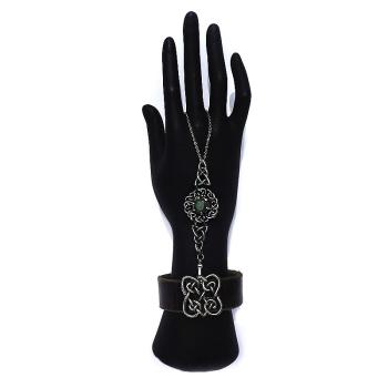Handschmuck, Lederarmband mit keltischem Blumenknoten und Smaragd